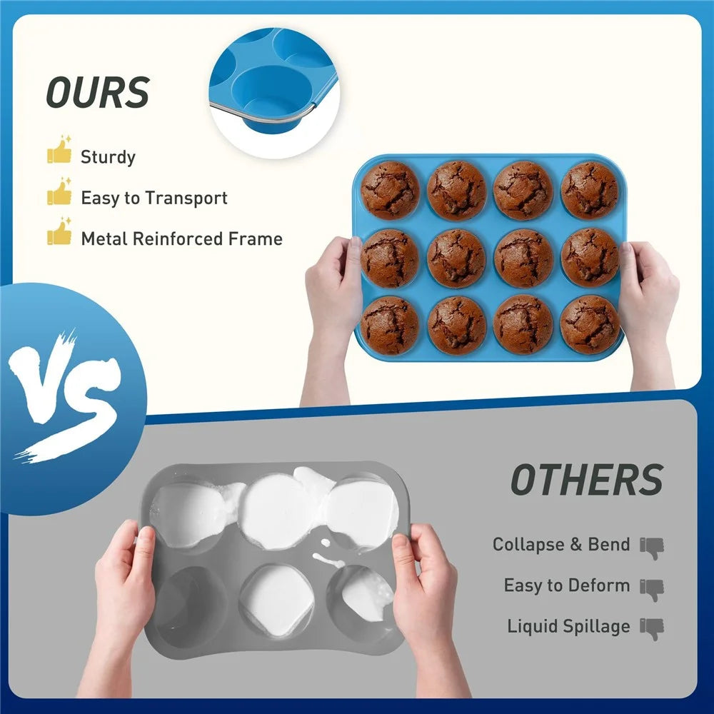 12 Cups Silicone Muffin Pan with Steel Frame Baking Mold for Cupcakes Muffins Puddings (FDA Certificated) - Blue - 2