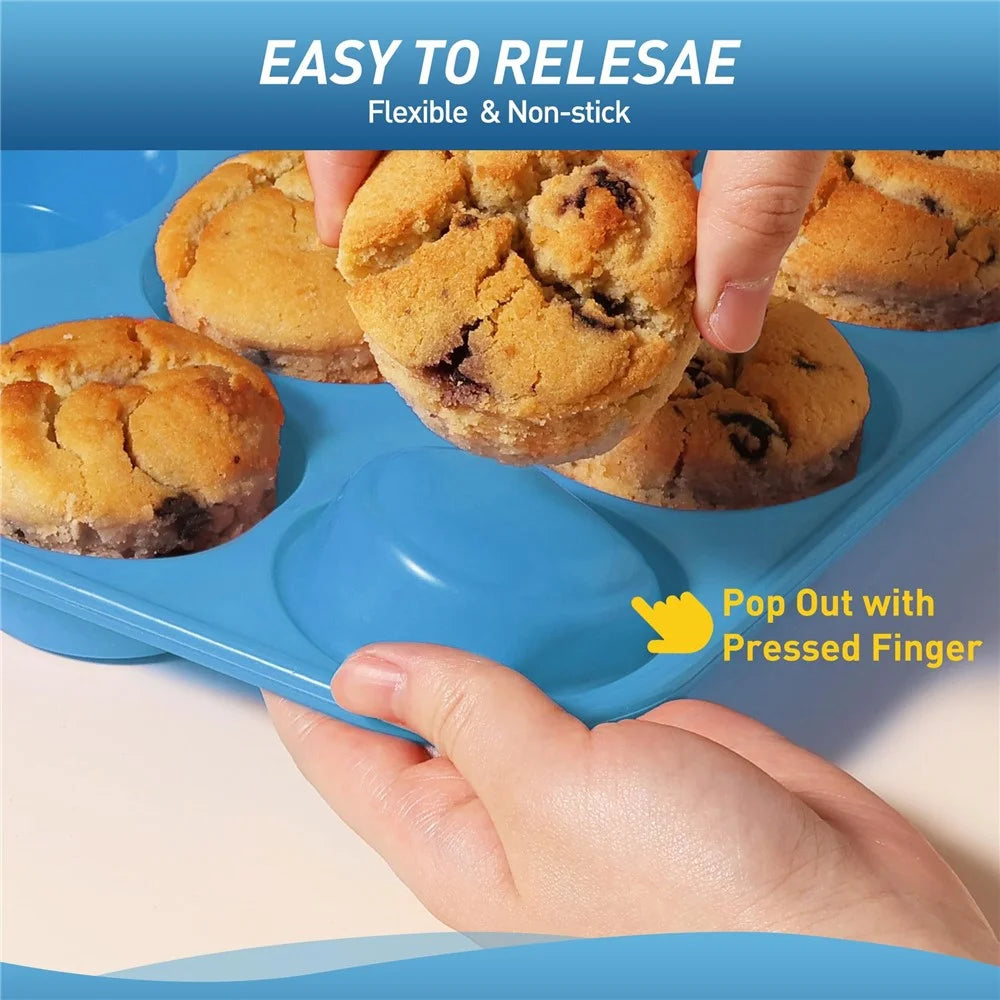 12 Cups Silicone Muffin Pan with Steel Frame Baking Mold for Cupcakes Muffins Puddings (FDA Certificated) - Blue - 3