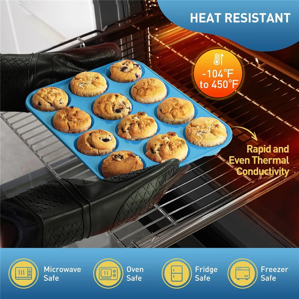 12 Cups Silicone Muffin Pan with Steel Frame Baking Mold for Cupcakes Muffins Puddings (FDA Certificated) - Blue - 4