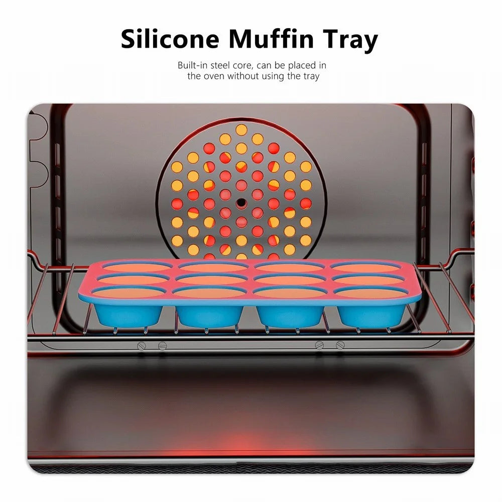 12 Cups Silicone Muffin Pan with Steel Frame Baking Mold for Cupcakes Muffins Puddings (FDA Certificated) - Blue - 7