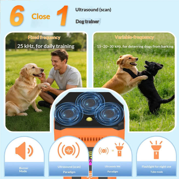D900 3-Head Variable Frequency Ultrasonic Dog Repeller with LED Flashlight Anti Bark Pet Training Device - Orange - 2