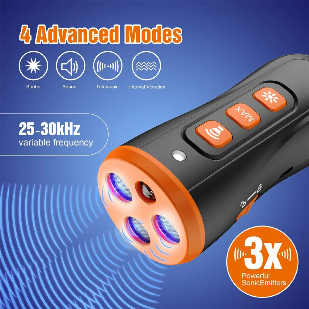 V7 Handheld Ultrasonic Dog Training Device 3 Ultrasonic Emitters Anti-Bark Stop Barking Control Device with LED Light - Orange Black - 4
