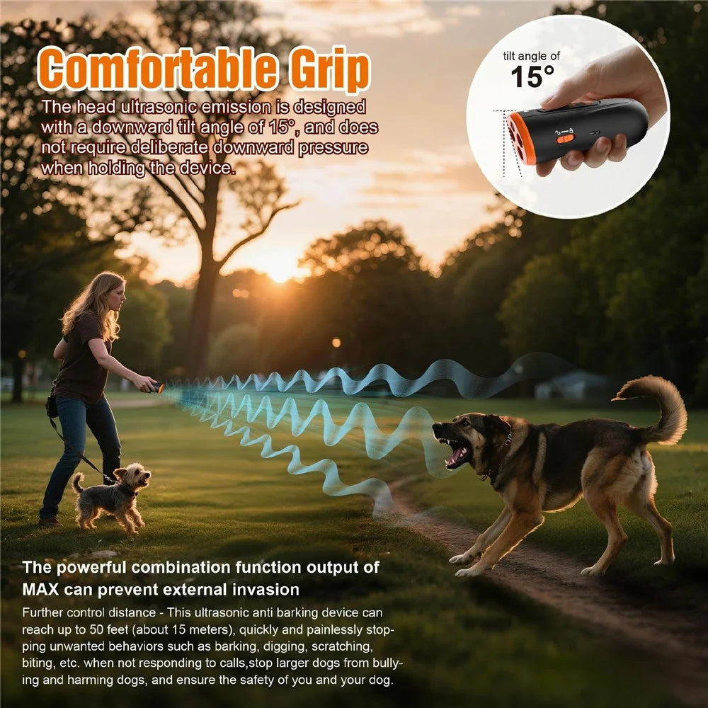 V7 Handheld Ultrasonic Dog Training Device 3 Ultrasonic Emitters Anti-Bark Stop Barking Control Device with LED Light - Orange Black - 5
