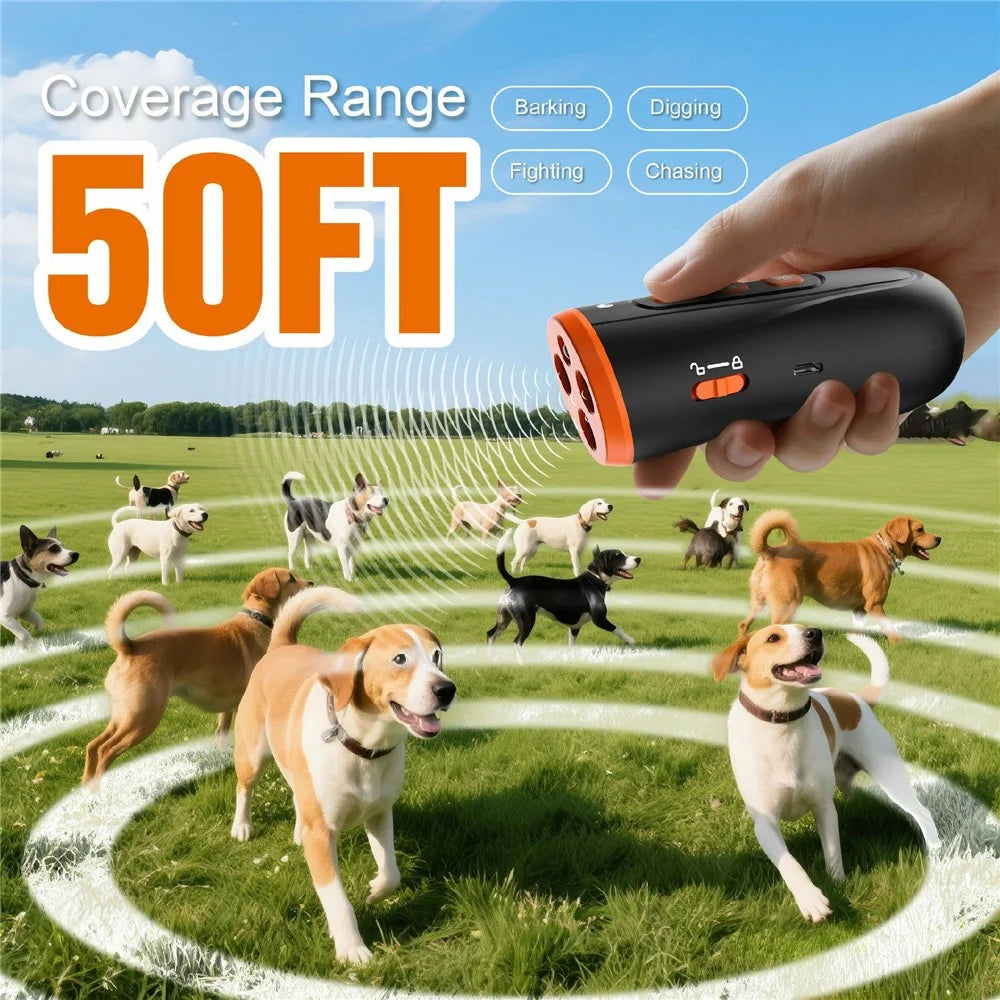 V7 Handheld Ultrasonic Dog Training Device 3 Ultrasonic Emitters Anti-Bark Stop Barking Control Device with LED Light - Orange Black - 6