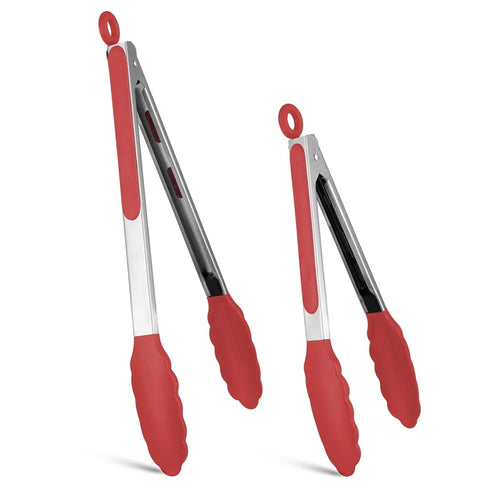 2Pcs / Set Silicone Non-Slip Tongs for Cooking Heat Resistant Tip Tongs for Kitchen Salad / Pasta / Grilling / BBQ, 9" + 12" (No FDA Certificate, BPA Free) - Red - 1