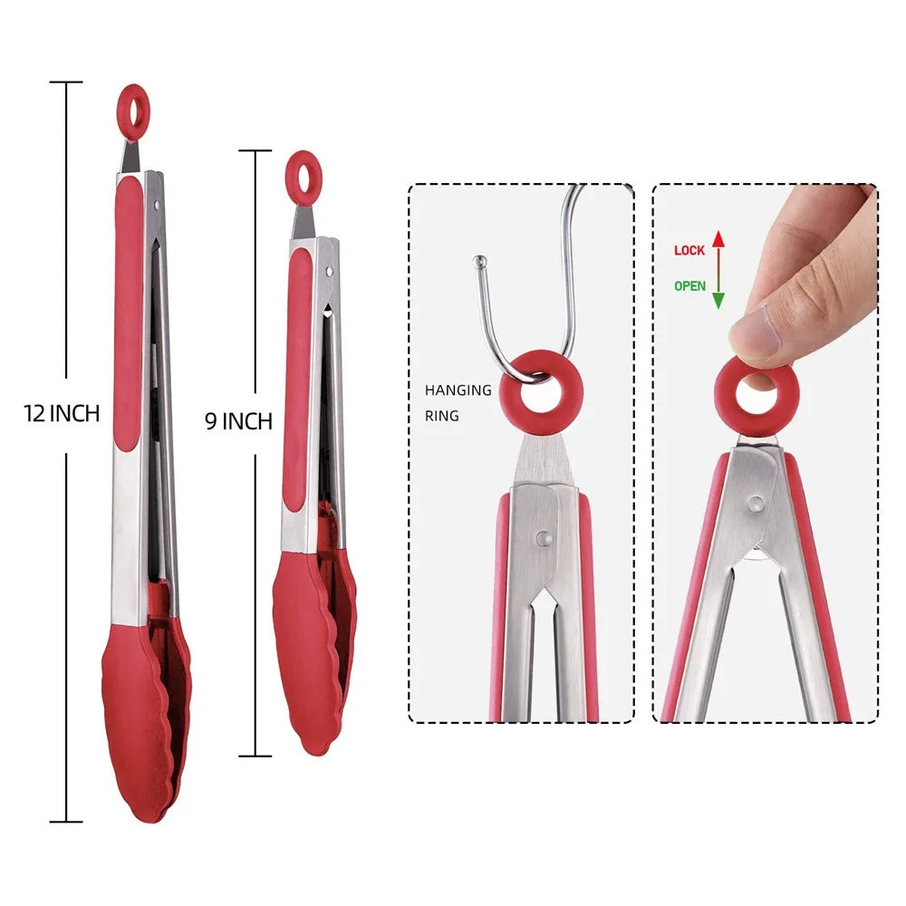 2Pcs / Set Silicone Non-Slip Tongs for Cooking Heat Resistant Tip Tongs for Kitchen Salad / Pasta / Grilling / BBQ, 9" + 12" (No FDA Certificate, BPA Free) - Red - 2