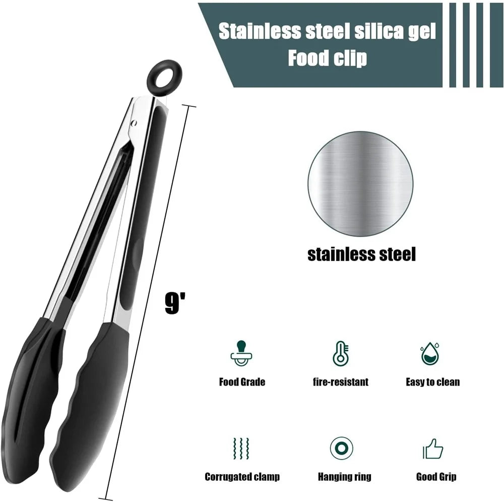 9-inch Non-Slip Silicone Kitchen Cooking Tongs Heat Resistant Tip Stainless Steel Tongs for Salad / Pasta / Grilling / BBQ (No FDA Certificate, BPA Free) - Black - 2