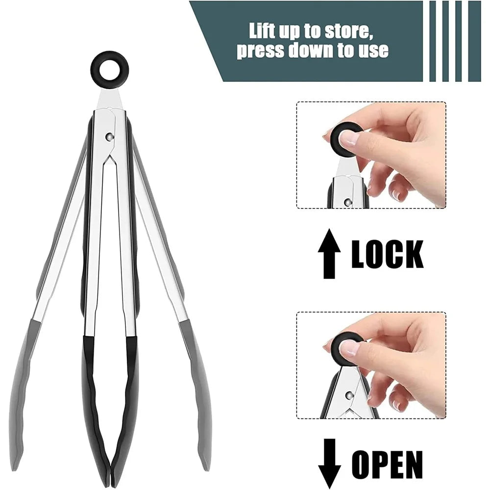 9-inch Non-Slip Silicone Kitchen Cooking Tongs Heat Resistant Tip Stainless Steel Tongs for Salad / Pasta / Grilling / BBQ (No FDA Certificate, BPA Free) - Black - 3