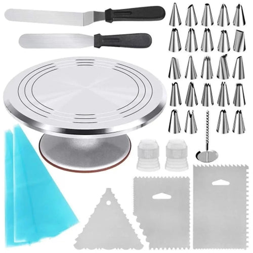 35-in-1 12-inch Aluminium Alloy Cake Turntable with Icing Spatula Smoother Pastry Nozzles (BPA Free, No FDA Certificate) - 1