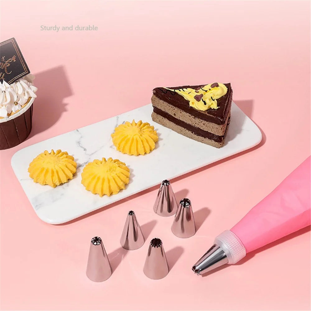 7Pcs / Set Icing Piping Nozzle Puff Cream Injector with Pastry Bag Christmas Cake Decorating Tools (No FDA Certificate) - Pink - 3