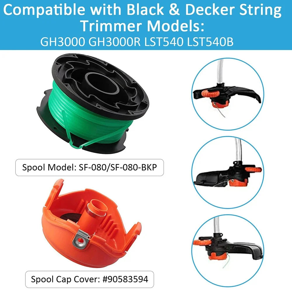 1 Spool Cap + 4 Replacement Spool for Black & Decker GH3000  /  GH3000R  /  LST540  /  LST540B Lawn Mower Spare Part, SF-080-BKP / 90583594 - 2