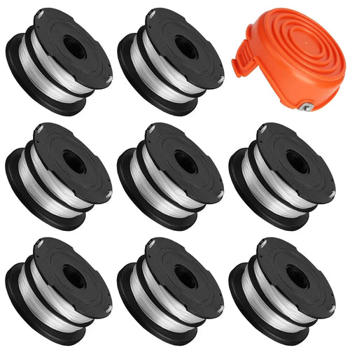 8 Replacement Spool + 1 Spool Cap for Black & Decker GH750  /  GH710  /  GH700 Lawn Mower, DF-065-BKP / RC-065-P&90517175 - 1