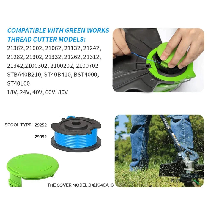 For Greenworks Lawn Mower 8 Line Spools + 1 Spool Cap, 29252 / 29092 - 4