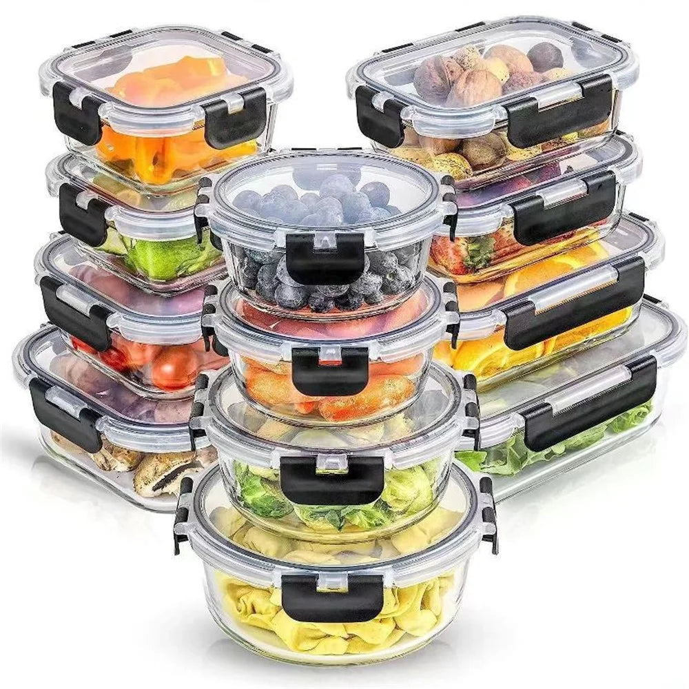 12Pcs Microwave Oven Food Storage Containers Set Borosilicate Glass Fresh Keeping Box (BPA Free, No FDA) - Black - 1
