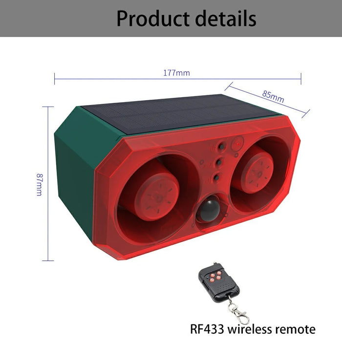 N911T Solar Powered Animal Repellent Dual Speaker Alarm System Motion Sensor Flashing Red Blue Light - 7