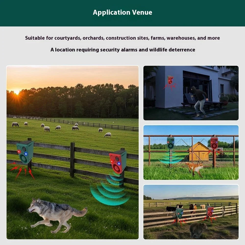 N911J Voice / Ultrasonic Dual Mode Solar Powered Animal Repellent with Red Blue Flashing Light Motion Sensor Alarm - 3