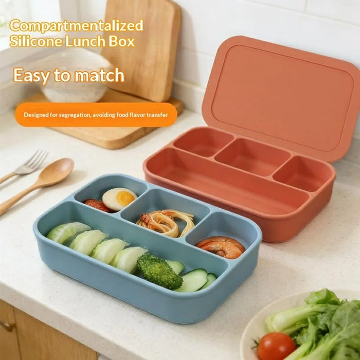 4-Compartments Silicone Lunch Box with Lid Microwave Safe Food Storage Container (BPA Free, No FDA) - Green - 2