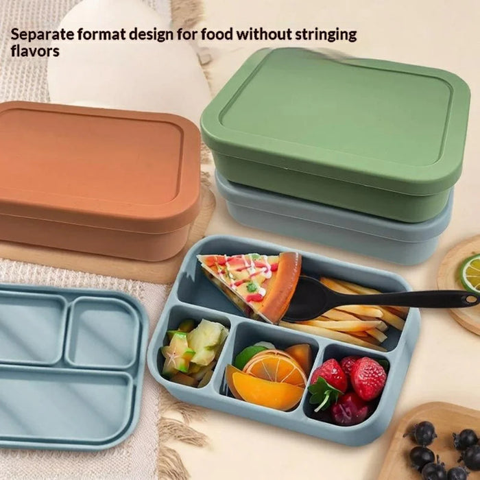 4-Compartments Silicone Lunch Box with Lid Microwave Safe Food Storage Container (BPA Free, No FDA) - Green - 4