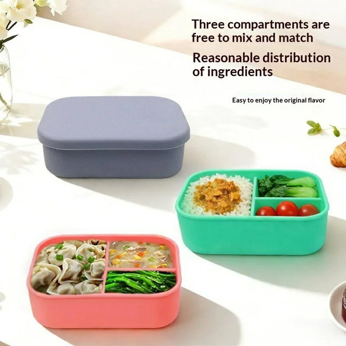3-Compartments Silicone Lunch Box with Lid Microwave Safe Food Storage Container (BPA Free, No FDA) - Green - 3