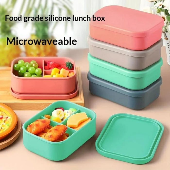 3-Compartments Silicone Lunch Box with Lid Microwave Safe Food Storage Container (BPA Free, No FDA) - Green - 4