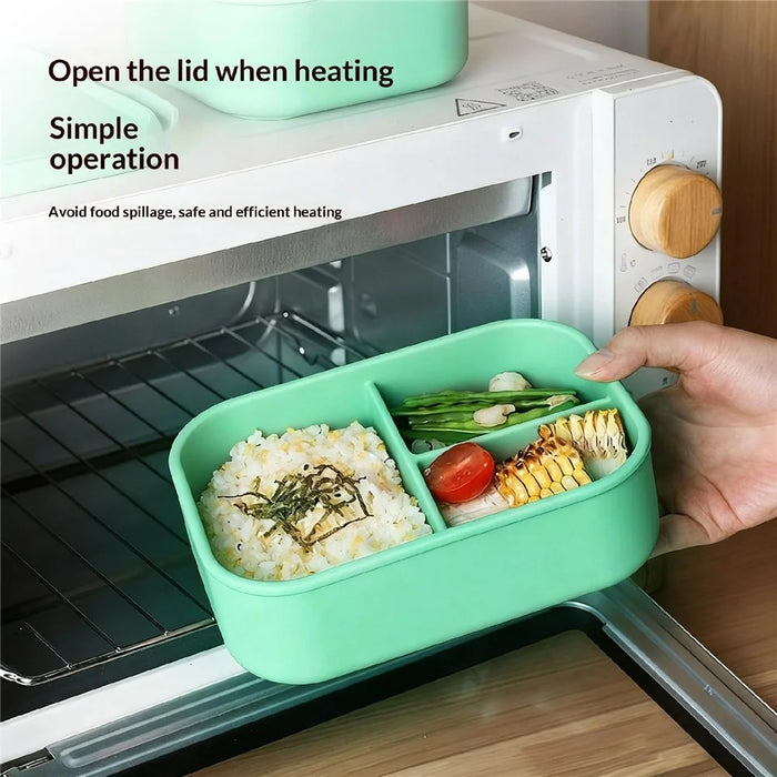 3-Compartments Silicone Lunch Box with Lid Microwave Safe Food Storage Container (BPA Free, No FDA) - Green - 6