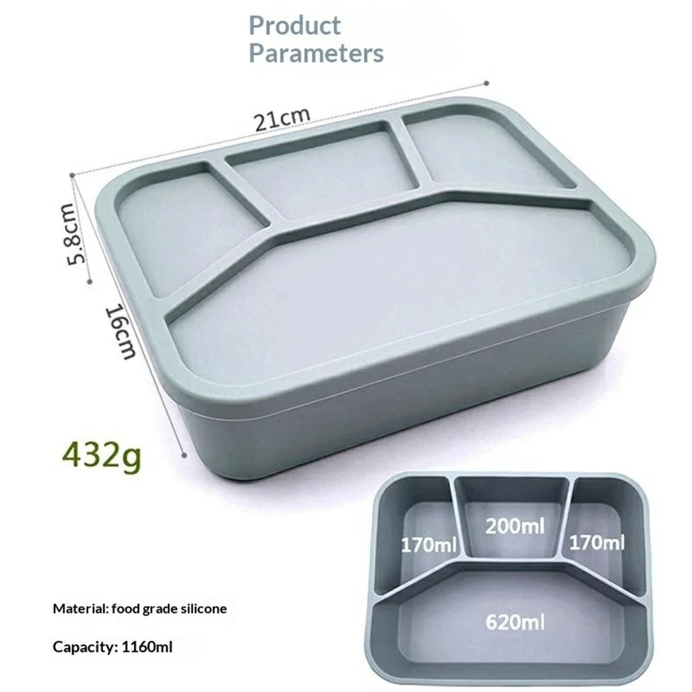 1160ml 4-Compartments Silicone Lunch Box with Lid Microwave Safe Portable Food Container for School Office (BPA Free, No FDA) - Grey Blue - 4
