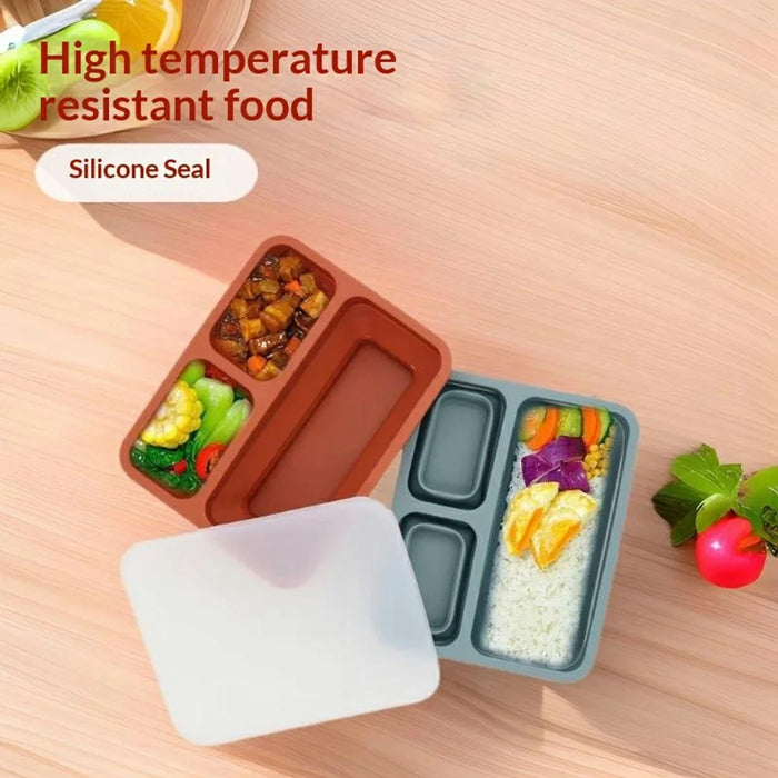 3-Compartments Silicone Lunch Box Microwave Safe Collapsible Food Container with Lid (BPA Free, No FDA) - Blue - 2
