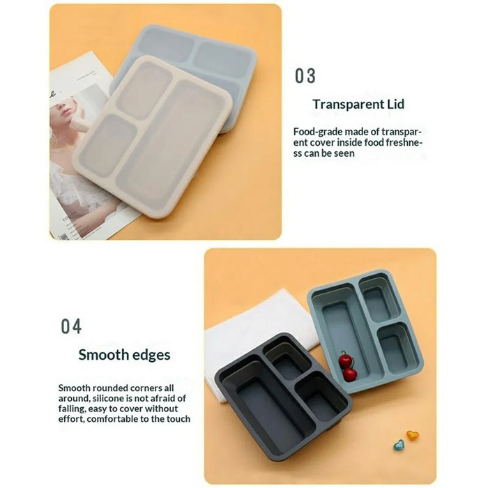 3-Compartments Silicone Lunch Box Microwave Safe Collapsible Food Container with Lid (BPA Free, No FDA) - Blue - 6