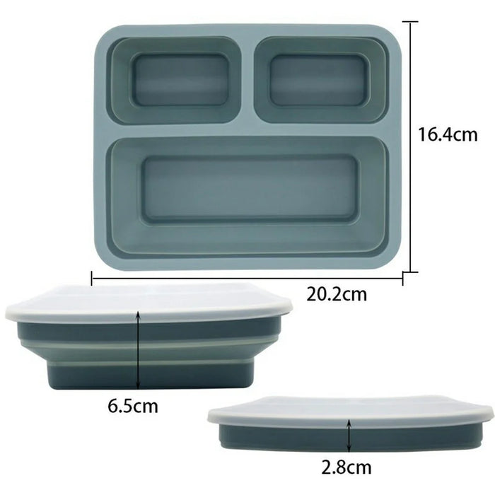 3-Compartments Silicone Lunch Box Microwave Safe Collapsible Food Container with Lid (BPA Free, No FDA) - Blue - 7