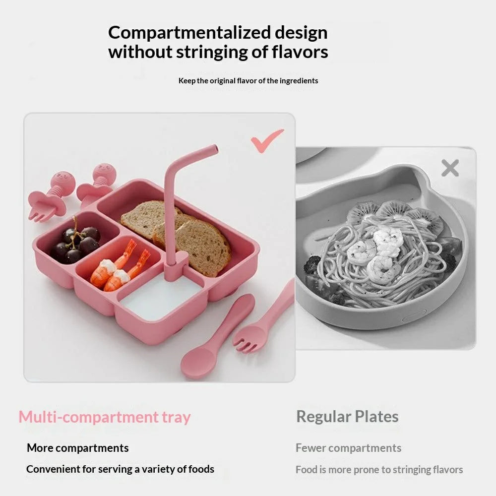 4 Compartments Silicone Baby Plate with Suction Cup Base Anti-Slip 220°C Heat Resistant Baby Dishes with Lid (BPA Free, No FDA) - Red - 2