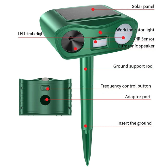 575B 18-60kHz Solar Ultrasonic Animal Repellent IPX4 Waterproof PIR Sensor with LED Strobe Light - Green - 2