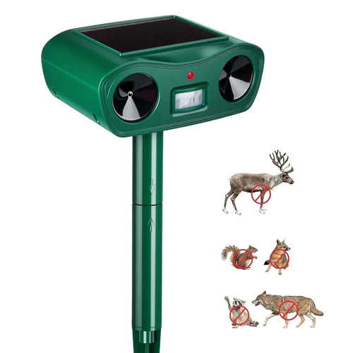 575 Solar Ultrasonic Animal Repellent IPX4 Waterproof PIR Sensor 18-60kHz LED Flash Outdoor Repeller - Green - 1
