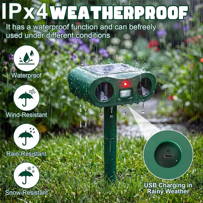 575 Solar Ultrasonic Animal Repellent IPX4 Waterproof PIR Sensor 18-60kHz LED Flash Outdoor Repeller - Green - 3