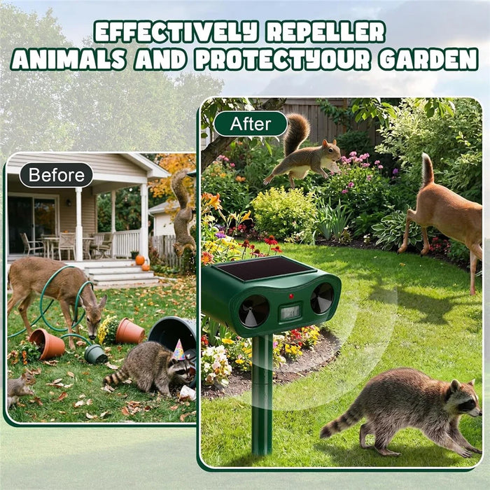 575 Solar Ultrasonic Animal Repellent IPX4 Waterproof PIR Sensor 18-60kHz LED Flash Outdoor Repeller - Green - 4
