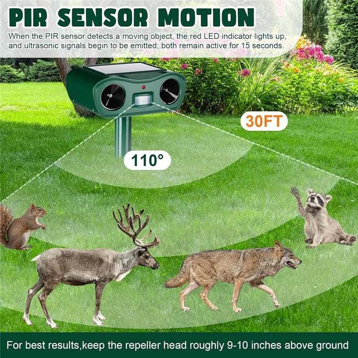 575 Solar Ultrasonic Animal Repellent IPX4 Waterproof PIR Sensor 18-60kHz LED Flash Outdoor Repeller - Green - 5