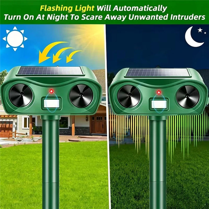 575 Solar Ultrasonic Animal Repellent IPX4 Waterproof PIR Sensor 18-60kHz LED Flash Outdoor Repeller - Green - 7