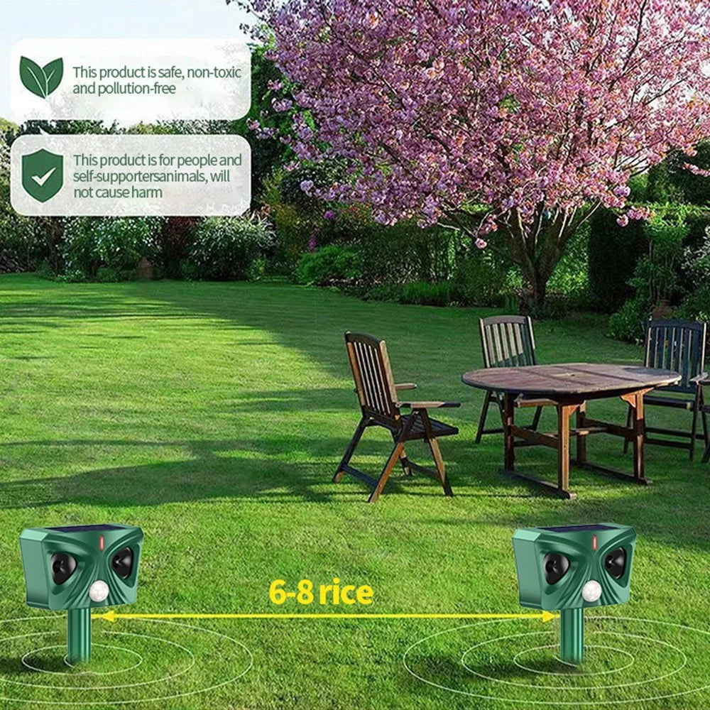 568 Solar Ultrasonic Animal Repeller IPX4 Waterproof PIR Sensor 120dB Alarm 6-8m Range for Farm Garden - Green - 6