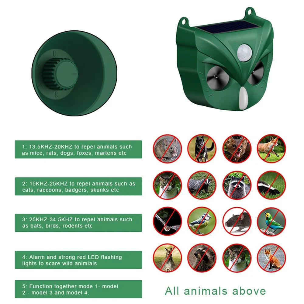 RC-546 Outdoor Solar Animal Repeller Ultrasonic PIR Motion Sensor 5 Modes 120dB Alarm LED Flash IPX4 Waterproof - Green - 5