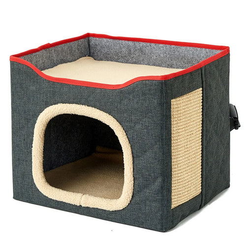 QS-101 Foldable Square Cat Sleeping House Scratcher Design Double Layer Semi-enclosed Kennel Pet Gift Home - Dark Grey - 1