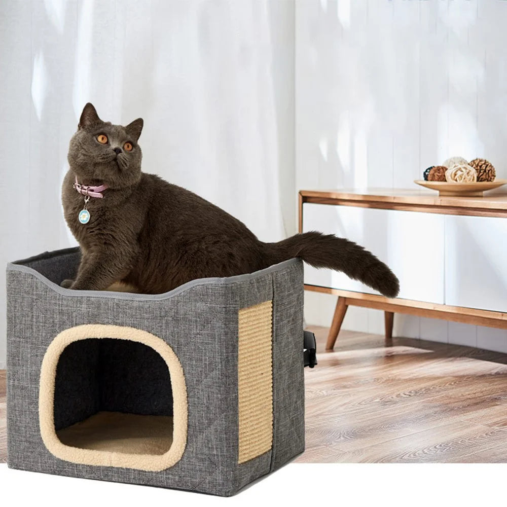 QS-101 Foldable Square Cat Sleeping House Scratcher Design Double Layer Semi-enclosed Kennel Pet Gift Home - Dark Grey - 4