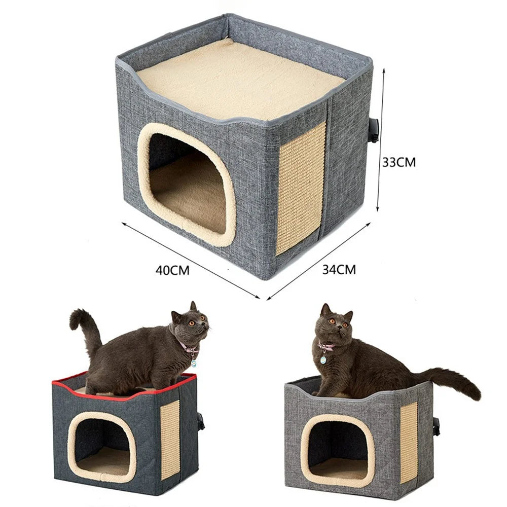 QS-101 Foldable Square Cat Sleeping House Scratcher Design Double Layer Semi-enclosed Kennel Pet Gift Home - Dark Grey - 6