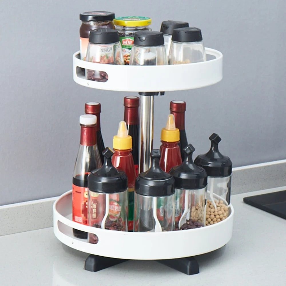 2 Tiers Rotating Kitchen Seasoning Storage Rack Carbon Steel Countertop Cupboard Organizer - White - 1