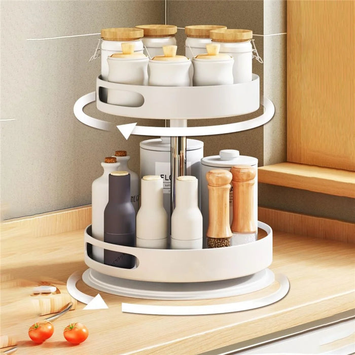 2 Tiers Rotating Kitchen Seasoning Storage Rack Carbon Steel Countertop Cupboard Organizer - White - 2