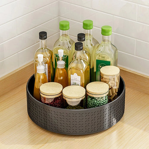 Single Tier Rotating Spice Rack Kitchen Countertop Organizer 360 Degree Turntable Storage Tray - Black - 1