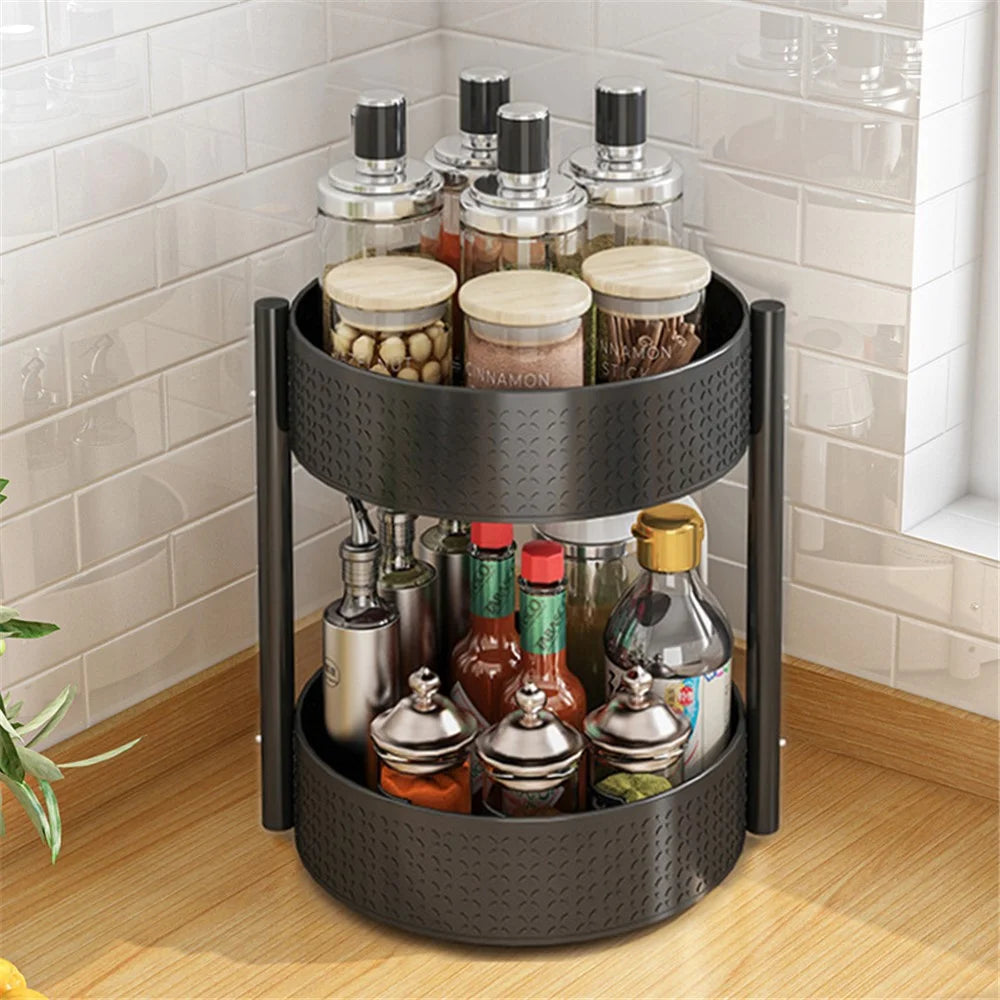 2 Tier Rotating Spice Rack Kitchen Countertop Organizer 360 Degree Rotating Storage Shelf for Condiments - Black - 1