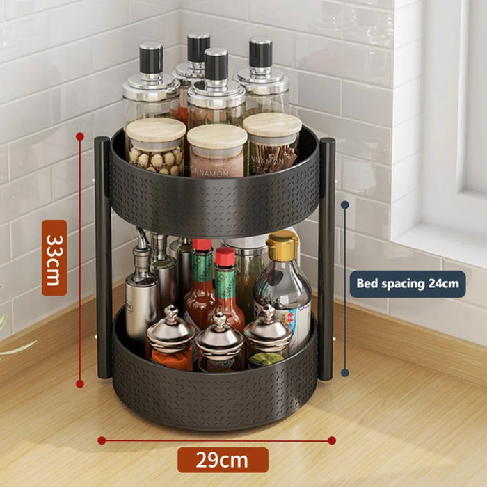 2 Tier Rotating Spice Rack Kitchen Countertop Organizer 360 Degree Rotating Storage Shelf for Condiments - Black - 2