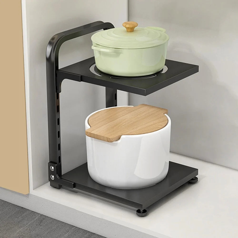 2 Tier Kitchen Storage Rack Carbon Steel Adjustable Pot Pan Storage Shelf Under Sink Cabinet Organizer - Black - 1