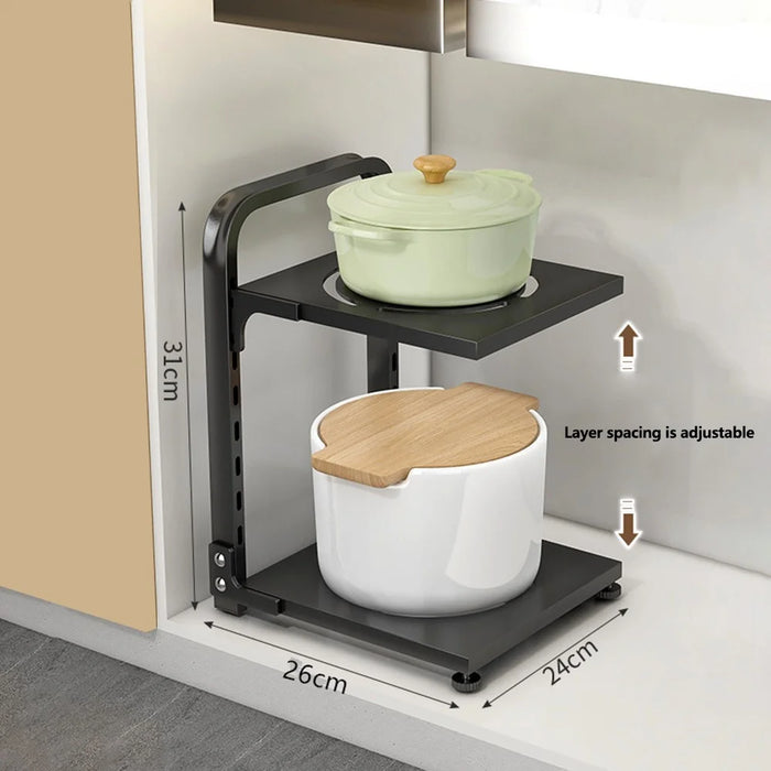 2 Tier Kitchen Storage Rack Carbon Steel Adjustable Pot Pan Storage Shelf Under Sink Cabinet Organizer - Black - 2