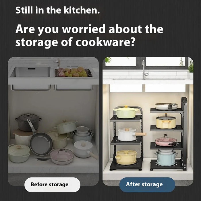 2 Tier Kitchen Storage Rack Carbon Steel Adjustable Pot Pan Storage Shelf Under Sink Cabinet Organizer - Black - 3