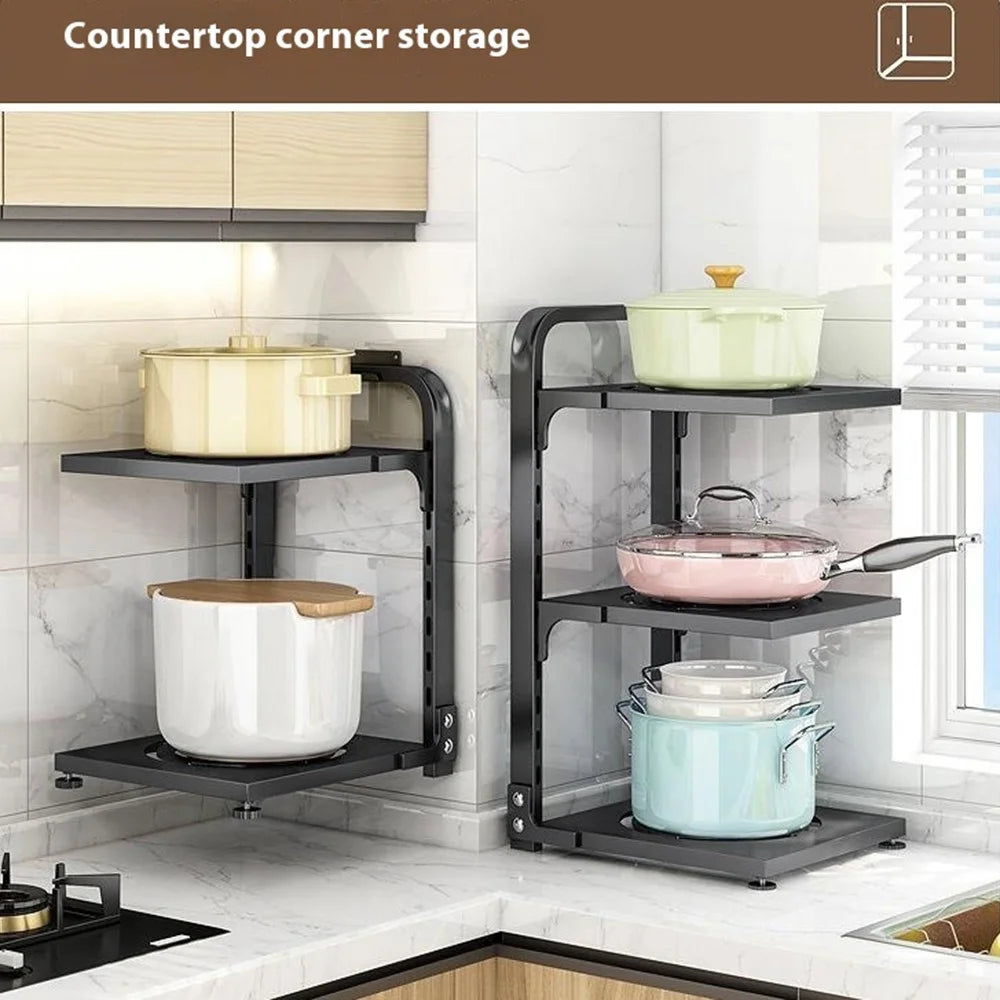 3 Tier Kitchen Storage Rack Carbon Steel Adjustable Pot Pan Storage Shelf Under Sink Cabinet Organizer - Black - 5